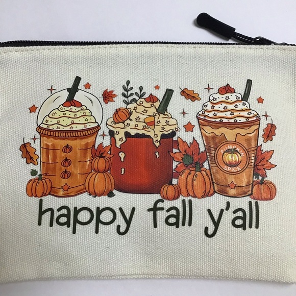 Fall Pumpkin Spice Latte Coffee Cosmetic Bag Canvas Zip Happy Fall Y’all NEW - Picture 2 of 11